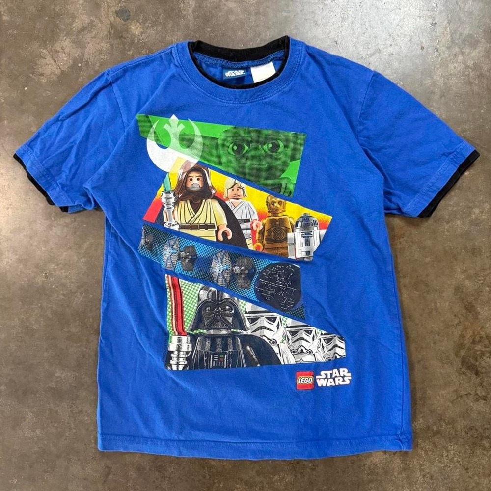 Vintage Lego Star Wars Blue Graphic Promo Tee Youth Large Y2K Yoda Darth Vader